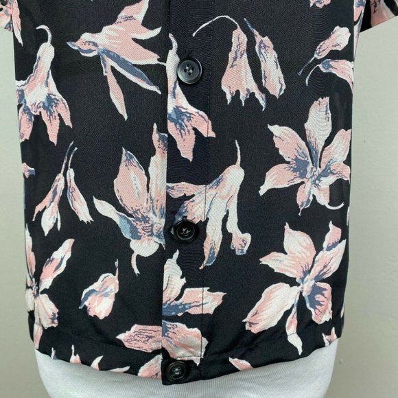 Madewell Silk Top S‎ Floral Button Back Tie Front Tee Sheer Black Pink - Picture 11 of 11